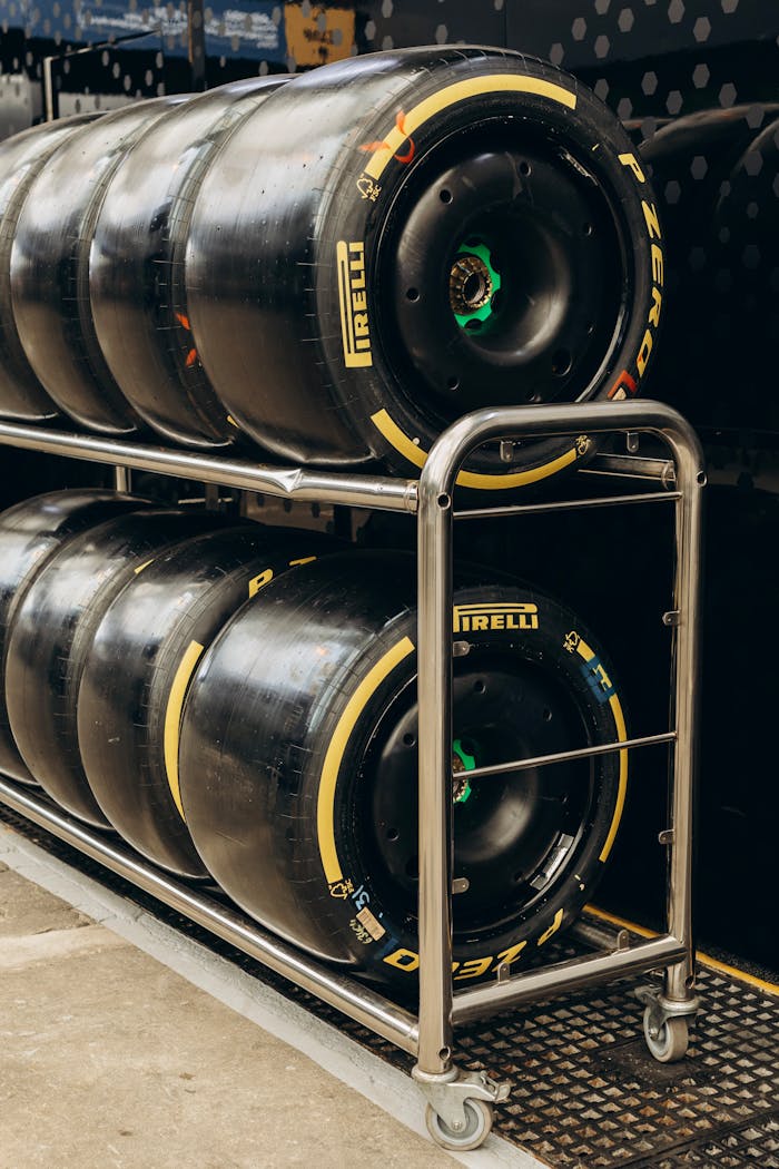 Close-up of Pirelli racing tires stacked on a metal rack in a garage setting.