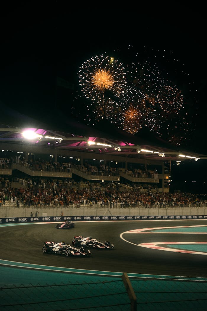 Exciting Formula 1 race under a stunning fireworks display at Abu Dhabi Grand Prix.